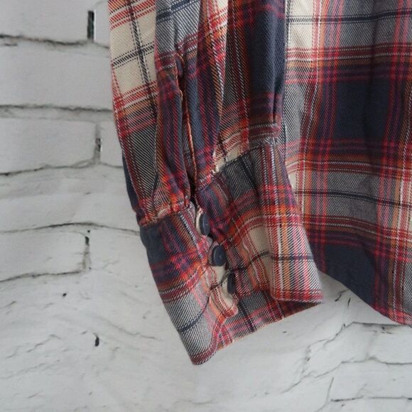 MOSSIMO SUPPLY COMPANY RED BLUE PLAID V NECK RUFFLE LONG SLEEVE BUTTON DOWN TOP - Picture 7 of 9